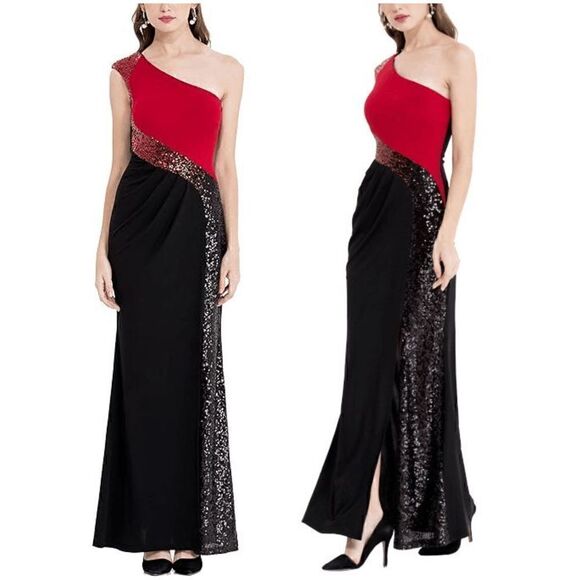 One Shoulder Formal Column Sequin Long Evening Gown Maxi Dress SIZE L NWT - Picture 1 of 16